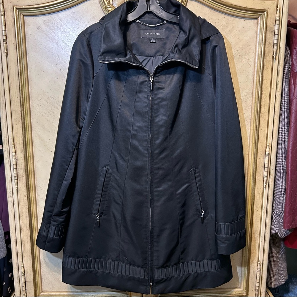 Jones New York Black Zip Front Removable Hooded Mid Length Jacket